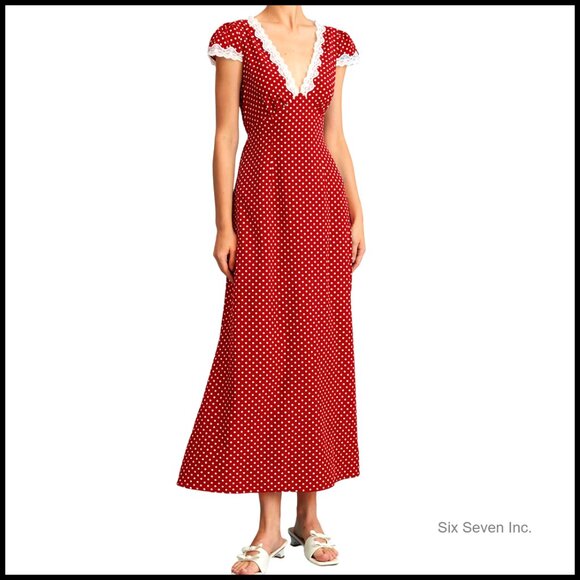 Deep V Neck Polka Dot Lace Dress Elegant Cotton Summer Party Wear